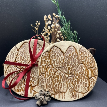 Beautiful handmade ceramic morel mushroom coasters by potter Kim Koehler