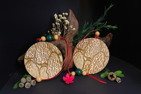 Ceramic Morel Mushroom Christmas ornament made by artist Kim Koehler