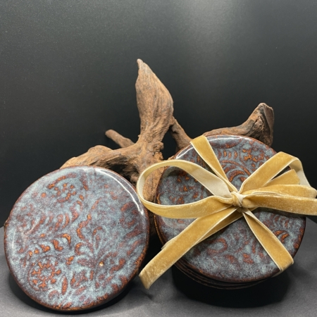 Hand made paisley snow print coasters in a beautiful stone denim blue made by artist Kim Koehler