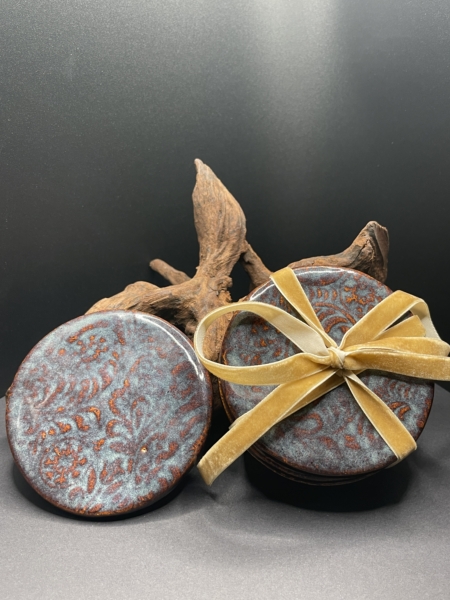 Hand made paisley snow print coasters in a beautiful stone denim blue made by artist Kim Koehler